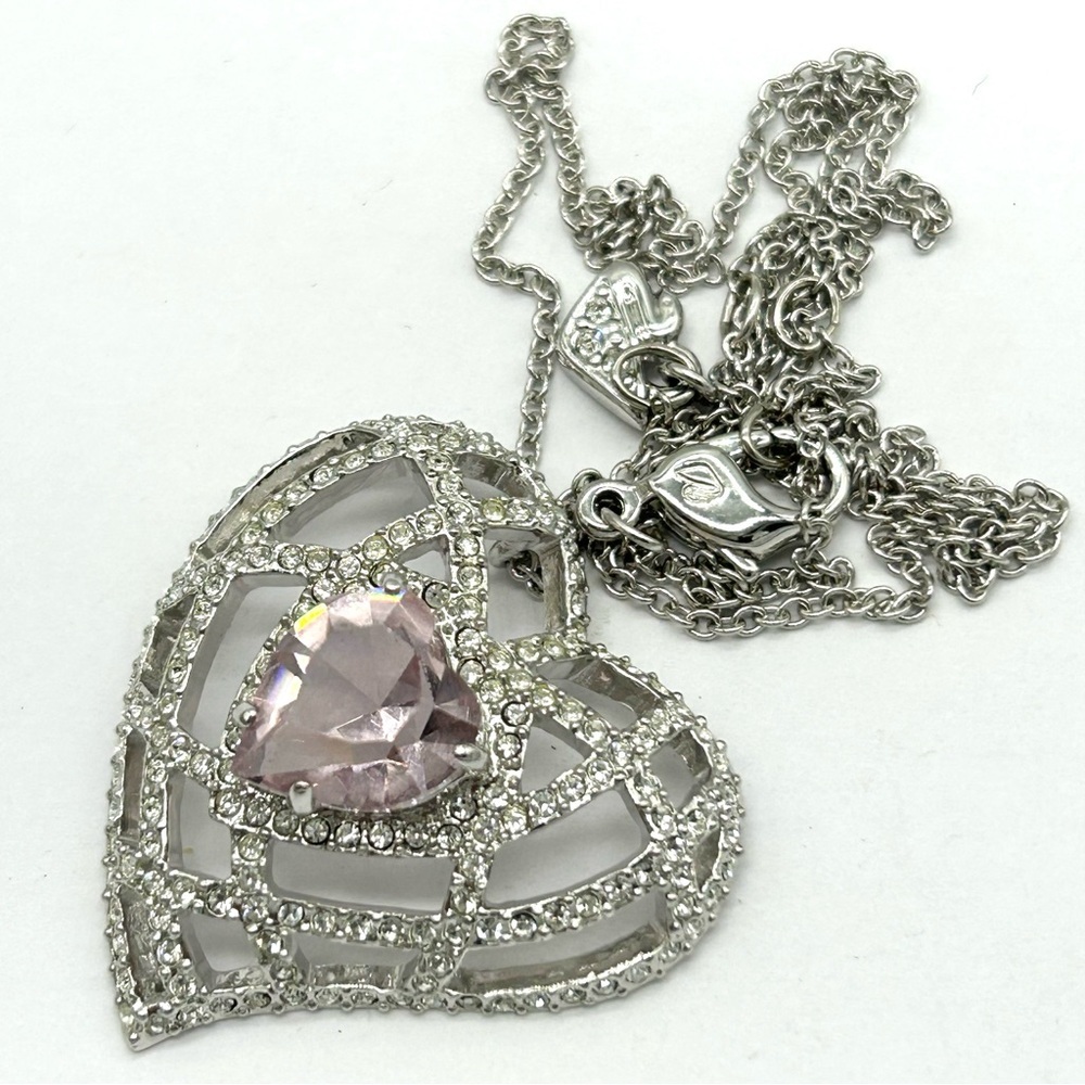 Swarovski Crystal Pave Lattice Heart with Pale Pink Crystal Pendant Necklace